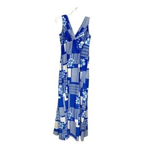 Hukilau Fashion Maxi Dress Size 12 Vintage Y2K Hawaiian Floral Blue Print V Neck